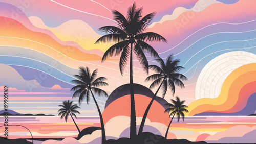 Pastel tropical palm trees pattern overlapping palm silhouettes background
