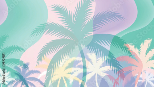 Pastel tropical palm trees pattern overlapping palm silhouettes background
