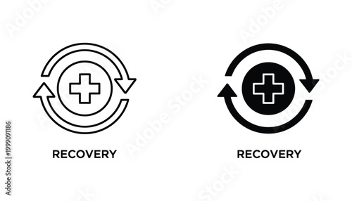 Medical recovery symbol icon set featuring circular arrows around a cross sign for healthcare and patient wellness branding and digital health interface graphics