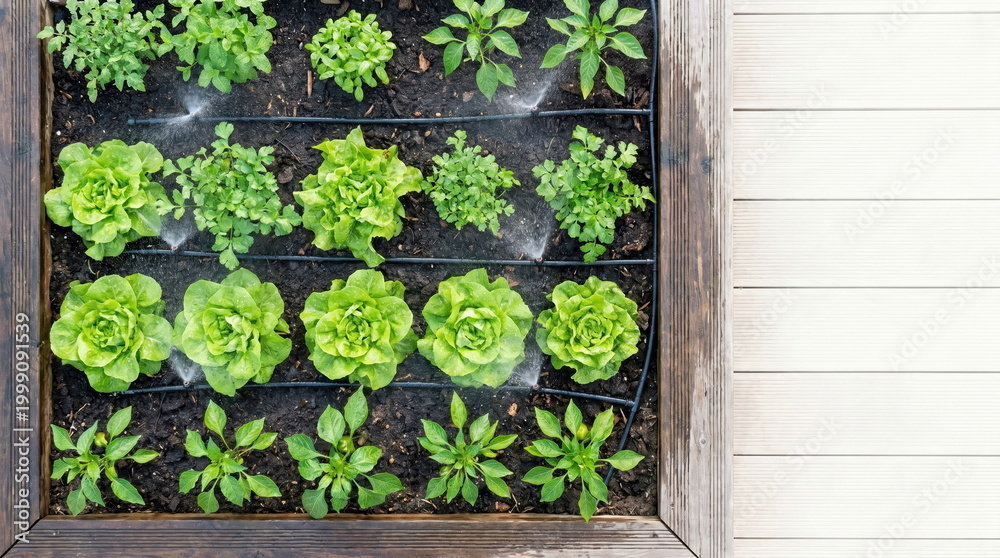 Fototapeta premium Raised garden bed with drip irrigation watering various vegetable plants in wooden planter box, sustainable home gardening.