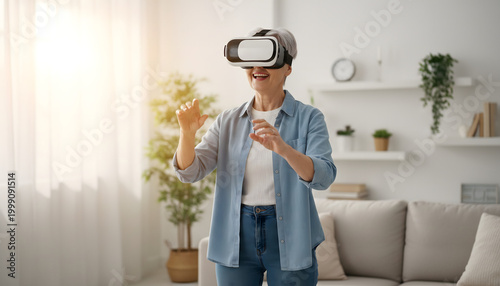 Immersed in Digital Realm: A woman embraces virtual reality, experiencing a captivating digital world through a VR headset. The scene is illuminated by natural light.