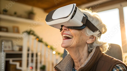 Joyful Immersion: An elderly person experiencing the world through virtual reality, her face lit up with laughter, showcasing the immersive power of technology. 