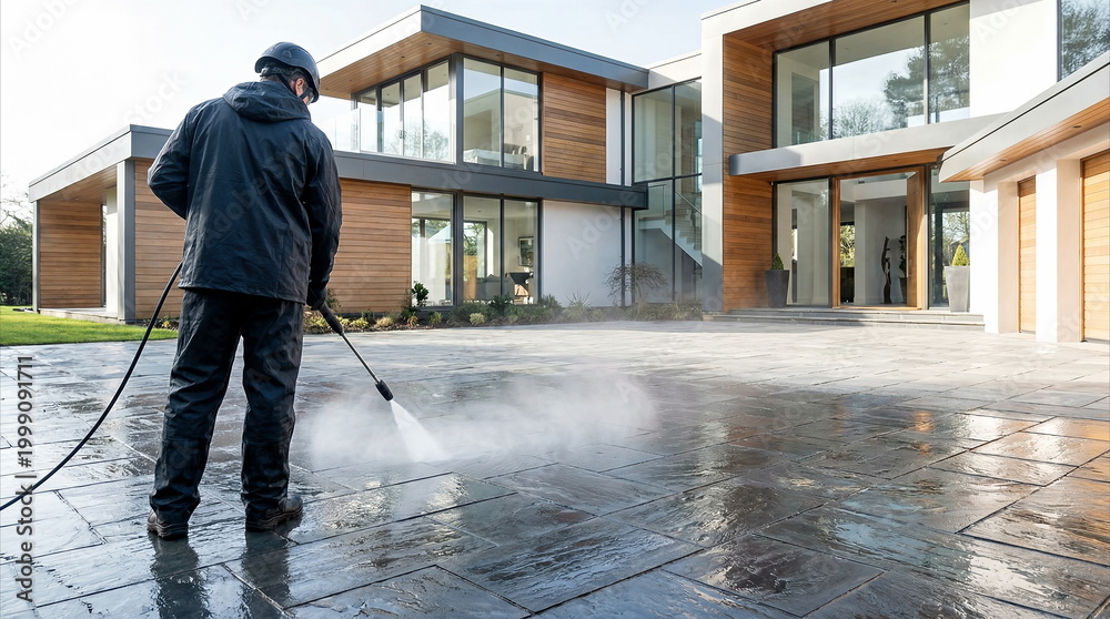 Naklejka premium Pressure washing worker cleaning large paved patio at contemporary luxury home, residential property maintenance service.