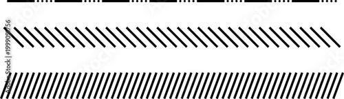 Border divider set. Slash line. Diagonal lines Border. Geometric print for caution tape or barrier. Parallel stripes. Black pattern isolated on white background vector illustration