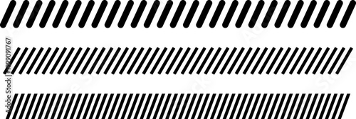 Border divider set. Slash line. Diagonal lines Border. Geometric print for caution tape or barrier. Parallel stripes. Black pattern isolated on white background vector illustration