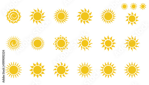 Collection of various yellow sun icons in different styles and sizes