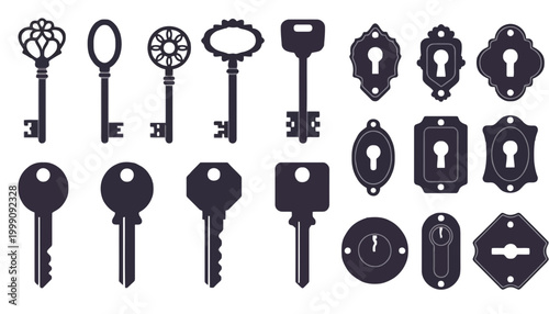Collection of various keys and keyhole designs