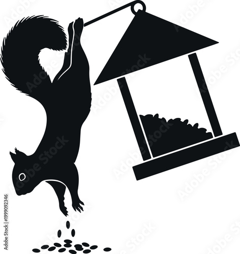 Squirrel hangs upside down from bird feeder, spilling seeds onto transparent background.