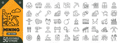 Mining icons vector set. Heavy machinery, excavation, and industrial equipment collection.