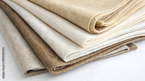 Textile Textures: A close-up shot displays the subtle variations of several folded linens. Soft textures of woven fabrics reveal their natural essence, providing an elegant backdrop.