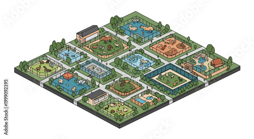 Isometric vector art illustration of a zoo featuring animal characters in various enclosures, designed as icons representing a place for recreation and wildlife conservation, set on a clean