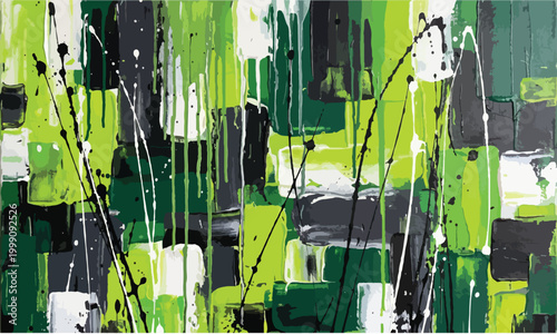 Abstract expressionist painting features dynamic black lines dripping over a vibrant green and white geometric background.
