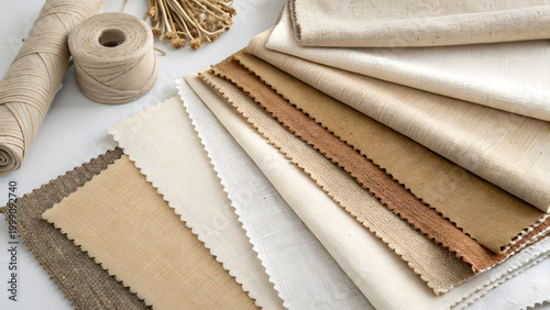 Textile Textures: A close-up shot showcases an assortment of fabric samples, arranged to highlight their unique textures, colors, and the tactile nature of textiles. 
