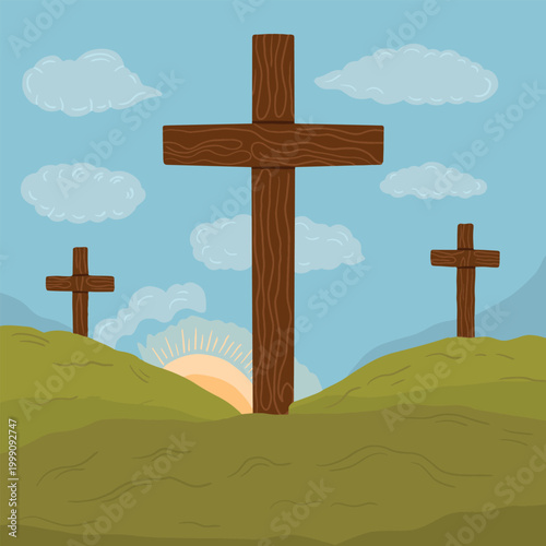 Religious three crosses on calvary hill vector. Easter scene with three wooden crosses illustration. Good friday illustration with christian holiday of jesus christ crucifixion in flat cartoon