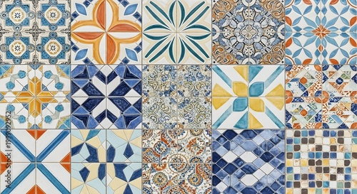 Intricate mosaic of colorful portuguese tiles detailed ceramic patterns