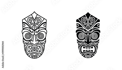 Tribal mask icon set with intricate cultural patterns in black and white vector art for ethnic design projects