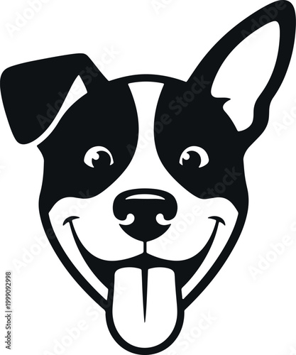 Black and white dog face with happy smile and tongue out vector.