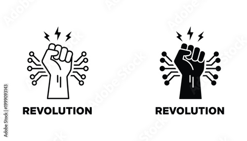 Revolution fist symbol with electronic circuit lines icon set in outline and solid black style for social movement and digital protest concept isolated on white background