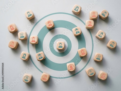 Target Audience: A conceptual image illustrating the concept of target audience, with wooden dice featuring diverse portraits arranged around a central bullseye, focusing on marketing.