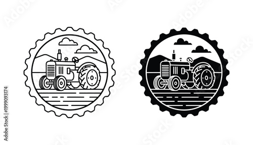Tractor on a farmland field in a circular vintage badge style icon set in outline and solid black for agricultural branding isolated on white background