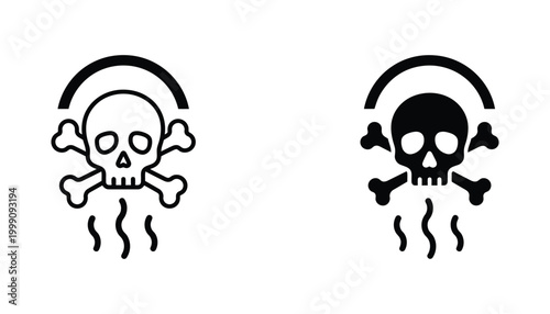 Skull and crossbones danger symbol with toxic fumes icon set in outline and solid black style for warning and hazardous material labeling isolated on white background