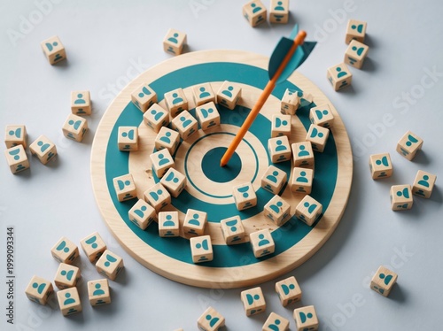 Targeted Audience: A vibrant arrow strikes the bullseye of a target, encircled by scattered dice featuring people icons, symbolizing precision in reaching the ideal customer base.