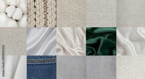 Textile swatch collection diverse fabrics and patterns in a grid