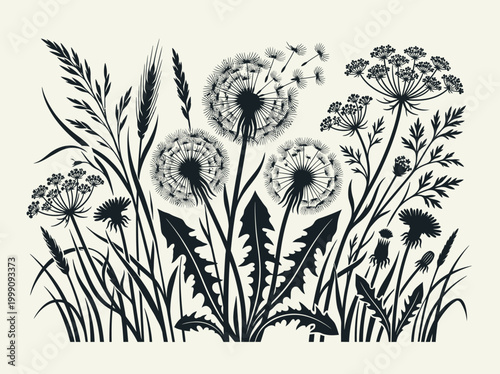 Wildflower Meadow Silhouette Illustration with Dandelions and Grasses