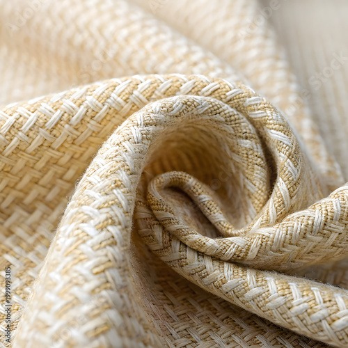 Woven Textile Detail: An elegant up-close look at the texture and design of a woven textile, revealing intricate patterns and natural hues, suggesting quality and craftsmanship.