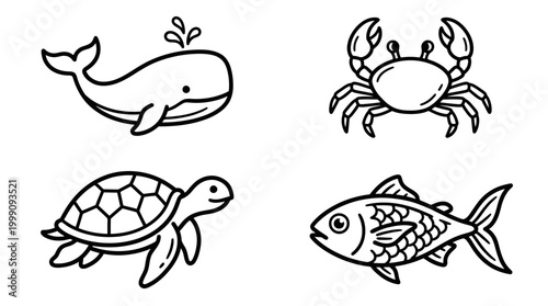 Tableau sur toile Marine animals set illustrated