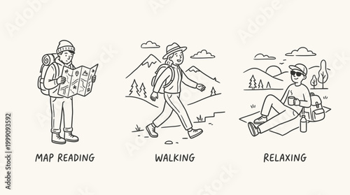 Outdoor activities illustration set map reading walking relaxing