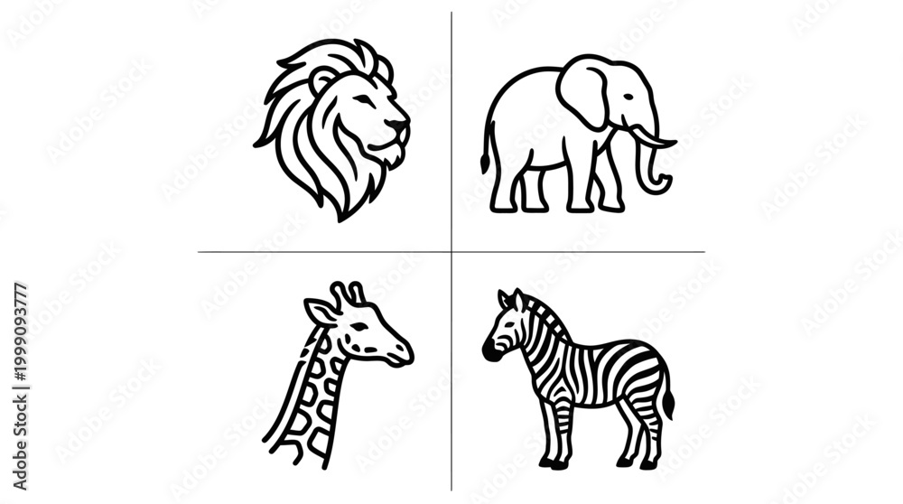 Fototapeta premium Wildlife animals linear drawings isolated