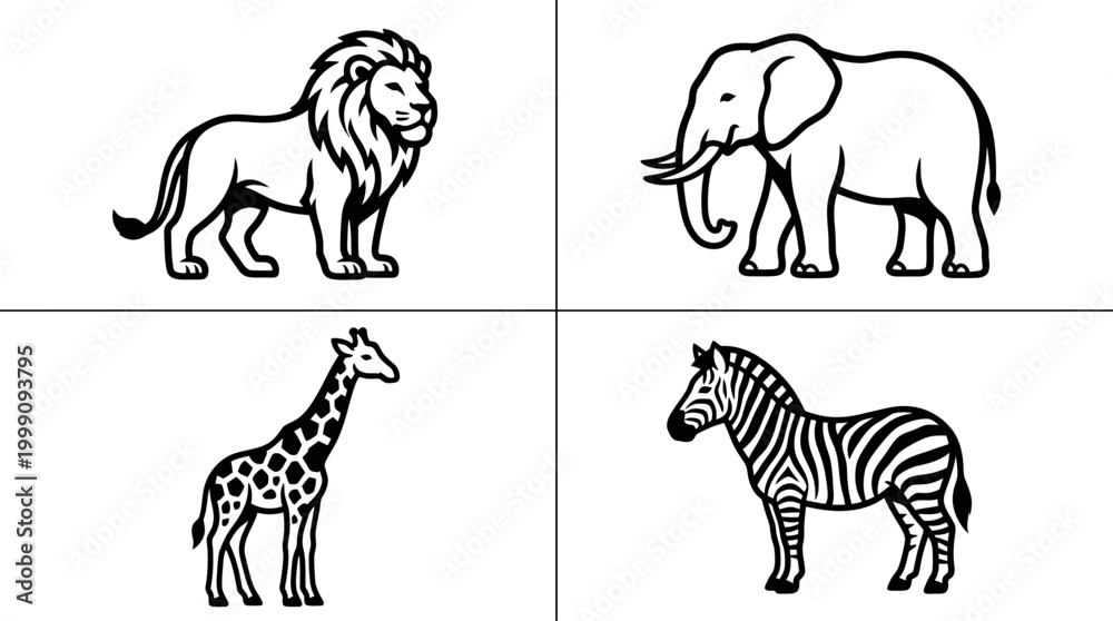 Fototapeta premium Wildlife animals lion elephant giraffe zebra illustrations