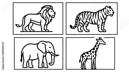 Wildlife animals linear drawings illustration