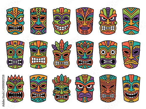 Set of 18 Colorful Tiki Mask Vectors, Hawaiian Tribal Totems and Polynesian Masks for Summer Party, Tropical Luau, and Exotic Cultural Graphic Design
