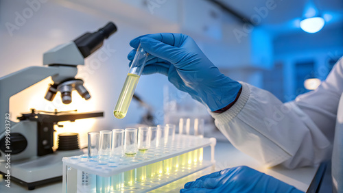 Laboratory Analysis: A scientist examines a test tube containing a liquid sample, with a microscope in the background, a scene of precision and scientific discovery. 