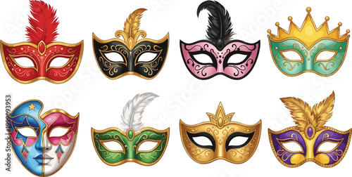 Luxury masquerade masks collection ornate carnival costume accessories vector illustration elegant festive disguise set for party and celebration design