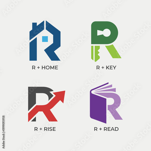 This image features a set of four creatively designed logos centered around the letter R, each representing different themes like home, keys, rising, and reading.