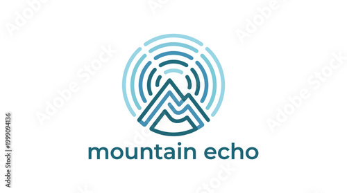 The Mountain Echo logo is a seamless blend of mountain silhouettes and echo waves, symbolizing nature, tranquility, and connection in a harmonious design representing exploration.