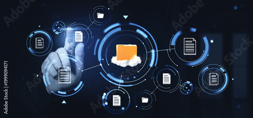 Canvastavla Digital document management interface with hand interacting with floating file icons and futuristic hologram elements on dark background
