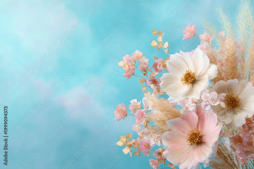 Fototapeta premium Delicate floral arrangement with soft pink and white blooms against a blue sky