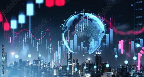 Quadro su tela Global financial market concept with glowing forex charts, digital globe and city skyline merged in futuristic style illustrating economic trends