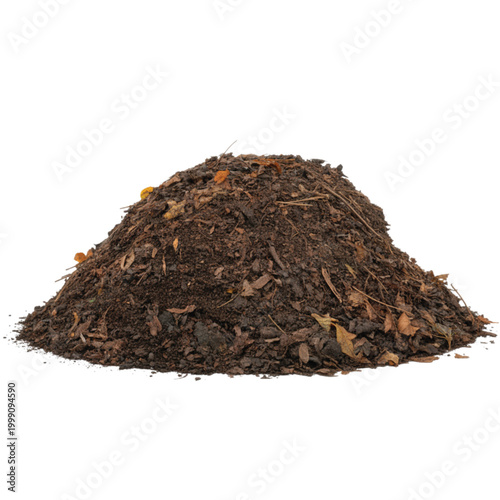A small dark brown mound of organic garden compost material with dried leaves on a white background