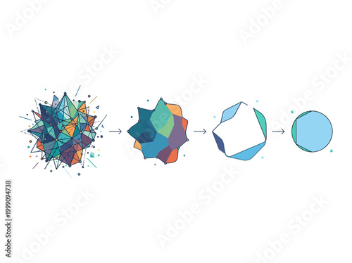 Abstract geometric shapes evolving from complex to simple with vibrant color gradients