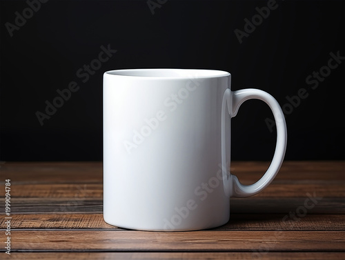 White ceramic mug mockup on a dark wooden table. Realistic 3D render of a blank coffee cup against a black background, perfect for presenting custom branding, logos