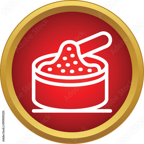 Mortar and pestle icon with granulated contents inside a red circle button