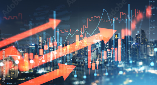 Fotografie Financial market growth arrows and rising charts over illuminated city skyline showing upward trend concept in modern urban economy