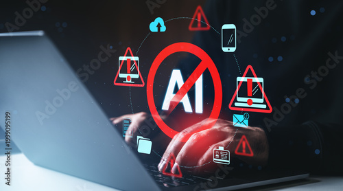 Photos Hands typing on laptop with digital red AI ban symbol and warning icons floating around representing technology protest concept scene