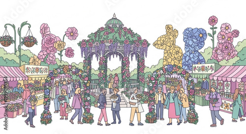 Whimsical floral festival scene with people browsing stalls and flower sculptures a charming outdoor market for spring and summer celebrations illustrated in a playful style