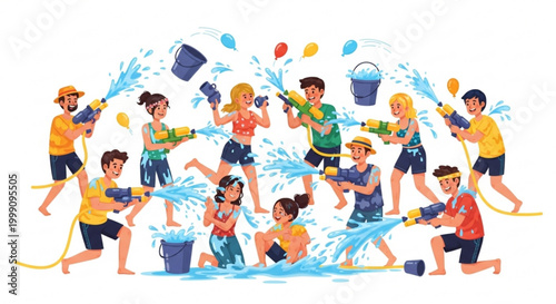 Joyful people celebrating Songkran festival with water guns and buckets dynamic illustration of water fight fun for summer holidays and cultural events isolated on white